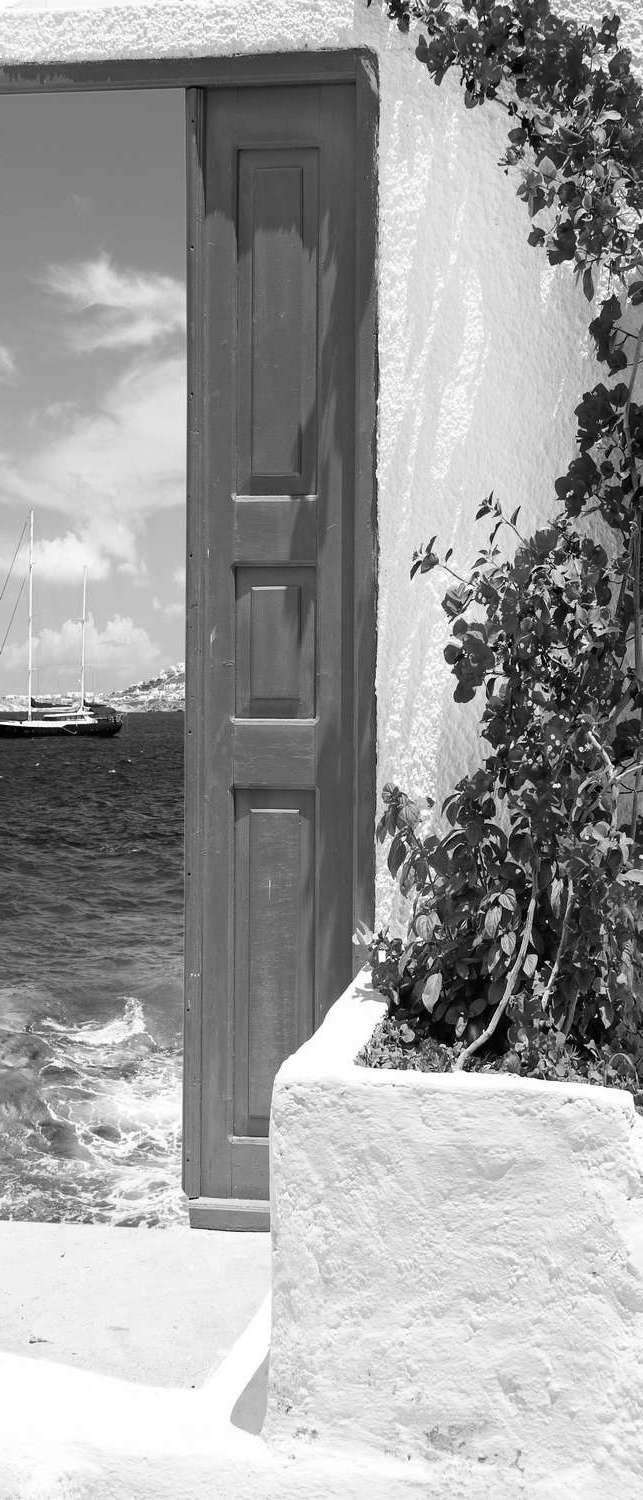 фото Самоклеющиеся фотообои "греческий остров, дверь", 90x210 см,эффект черно-белый, отраженный фотообои.рф