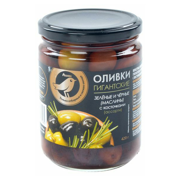 

Оливки АШАН Золотая птица ассорти гигантские с косточкой 420 г