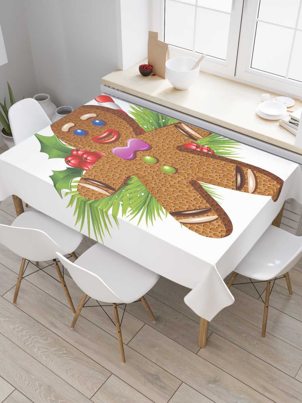 

Скатерть прямоугольная JoyArty "Пряничный человечек" из сатена, 120x145 см, Пряничный человечек