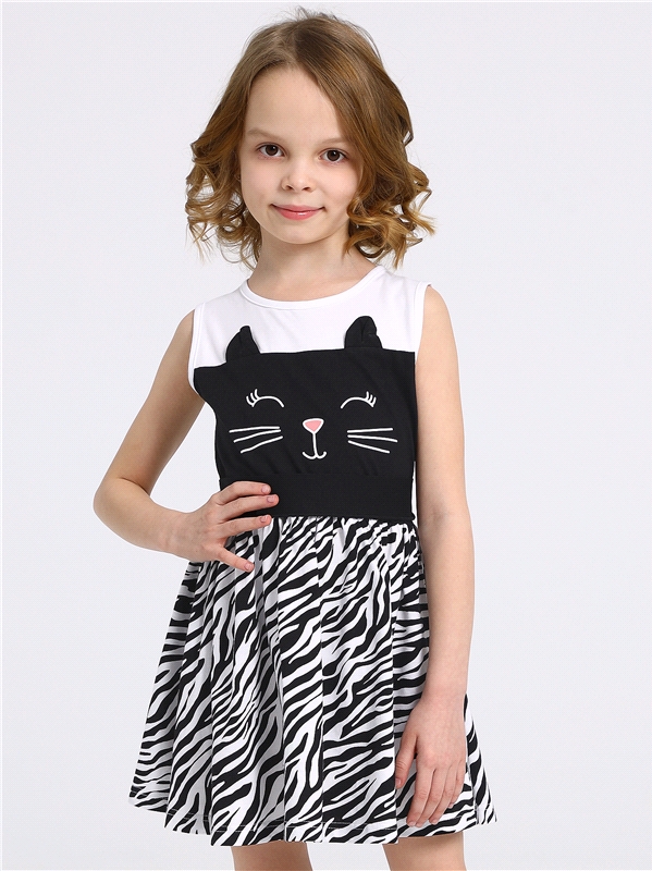 Платье детское Апрель 1ДПБ4058001н, черный, белый, зебра Спящая кошка, 104