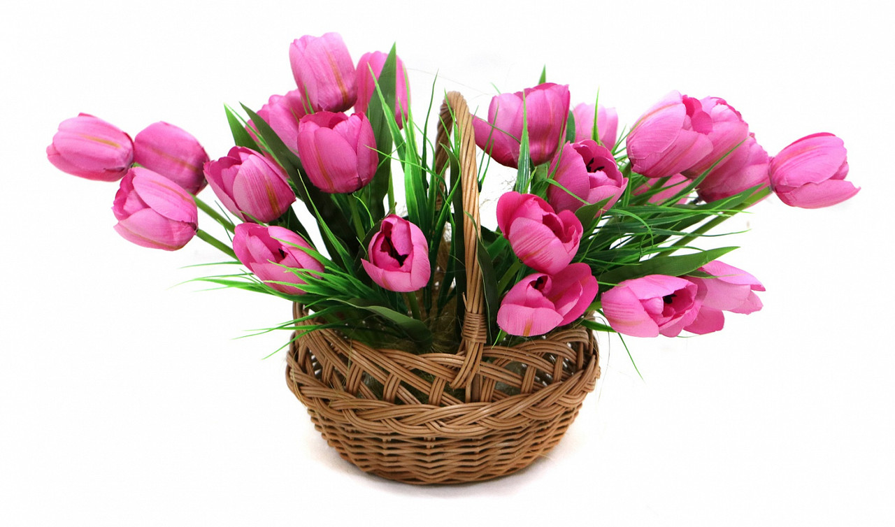 фото Искусственные растения тюльпаны в корзине holodilova