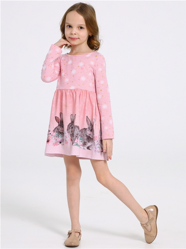 Платье детское Апрель 1ДПД4287804нгя, звездное небо и кролики на розовом с глиттером, 104