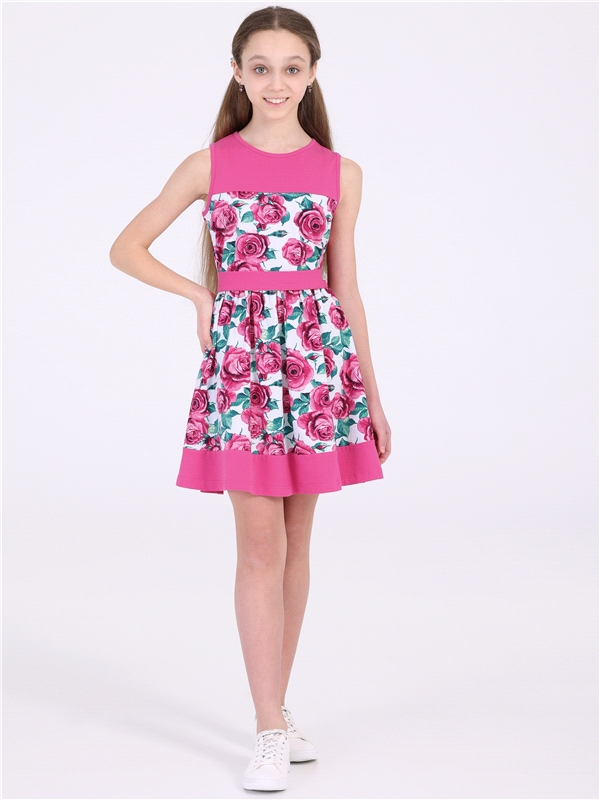 Платье детское Апрель 1ДПБ2240804н, розы на белом, ярко-розовый12, 134