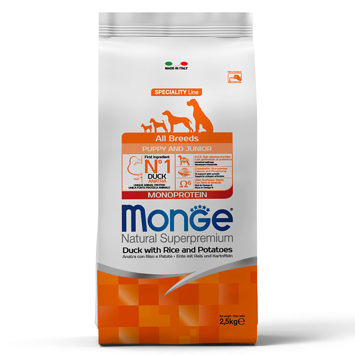 

Сухой корм для щенков Monge Dog Monoprotein утка, рис и картофель, 2,5 кг
