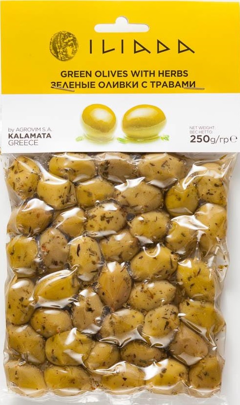 

Из Греции: Оливки Iliada зеленые, с травами, с косточкой, 250 г
