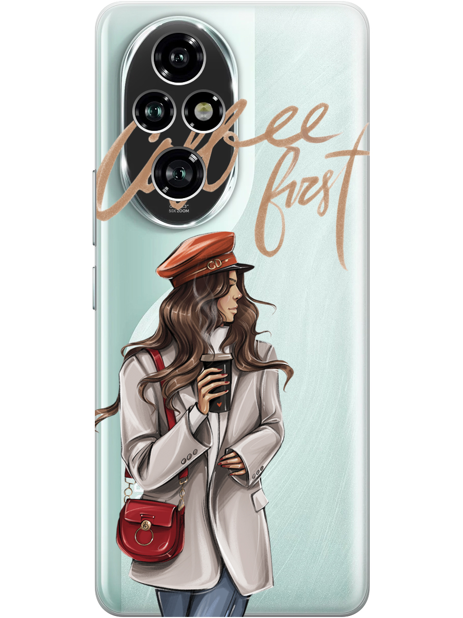 

Силиконовый чехол на Honor 200 pro с принтом "Сначала кофе" прозрачный, Прозрачный;красный;серый, 783979675