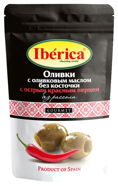 фото Оливки iberica с оливковым маслом и острым красным перцем без косточки 70 г