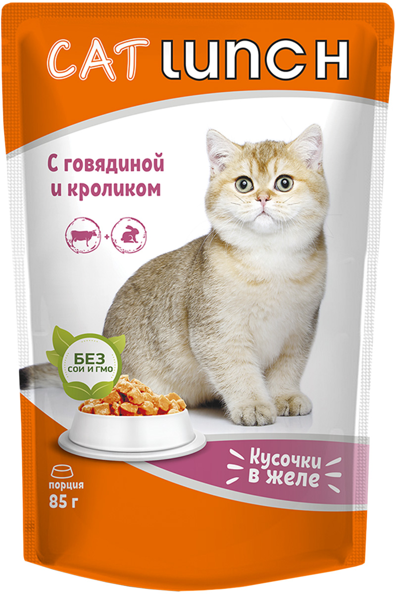 Влажный корм для кошек Cat Lunch со вкусом говядины и кролика 12 шт по 85г 949₽