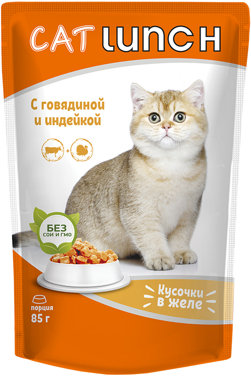 Влажный корм для кошек Cat Lunch, говядина и индейка, 12 шт по 85г