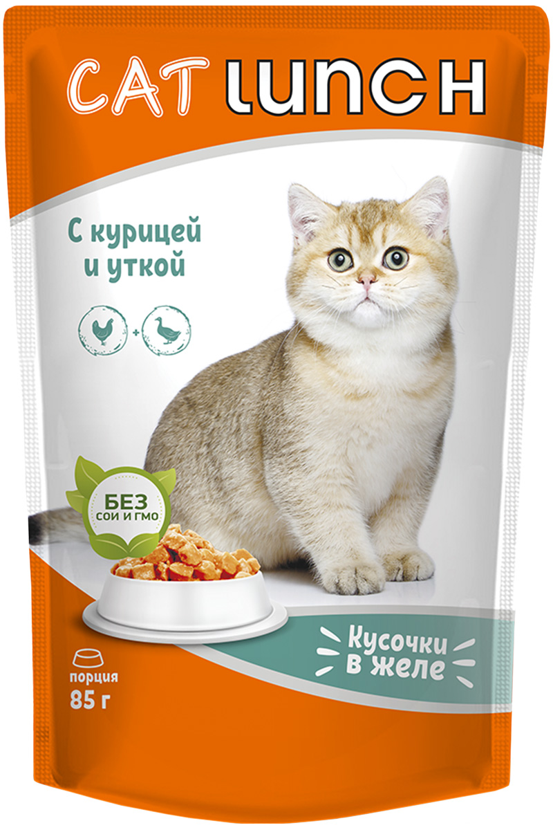 Влажный корм для кошек Cat Lunch со вкусом курицы и утки, 12 шт по 85г