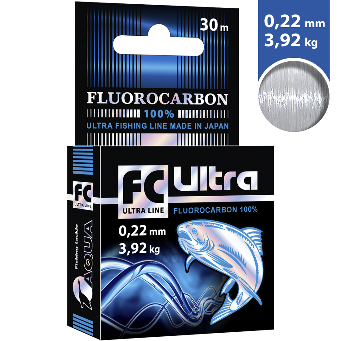 

Леска AQUA FC Ultra Fluorocarbon 100% 0,22mm 30m, цвет - прозрачный, test - 3,92kg, FC Ultra