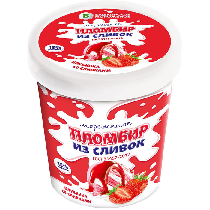 

Мороженое Башкирское мороженое Пломбир из сливок клубника со сливками, 15%, в ведре, 400 г