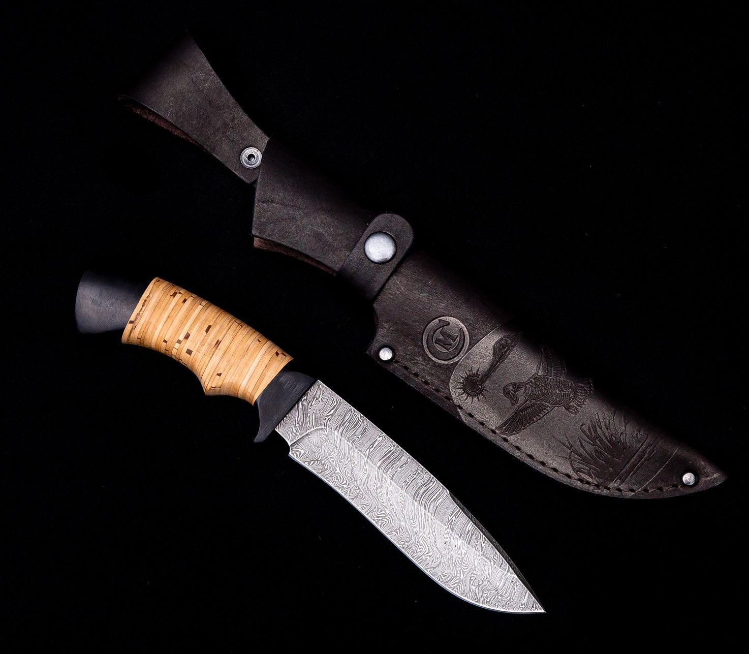 Нож Туристический Скиф Мастерская Семина - дамасская сталь , рукоять береста, черный граб