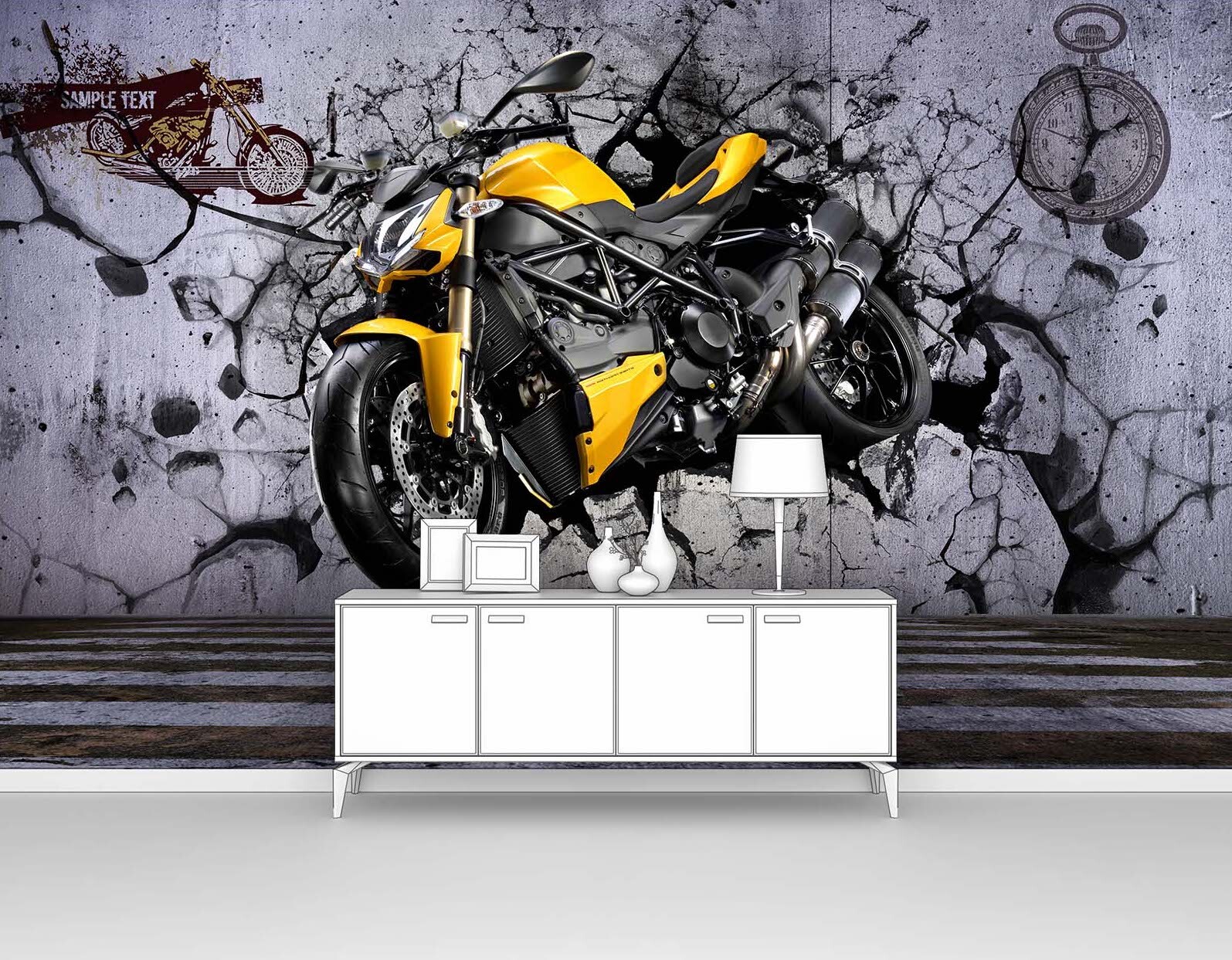 фото Фотообои флизелиновые первое ателье "желтый мотоцикл пробивает стену" 200х125 см (шхв)