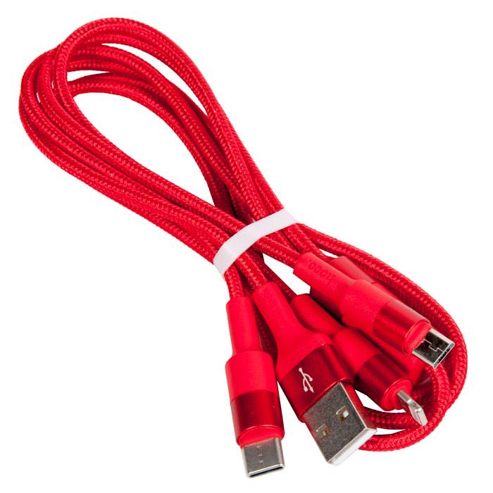 фото Кабель usb hoco x26 xpress 3 в 1 для lightning, micro usb, type-c, 2.0a 1м, красный