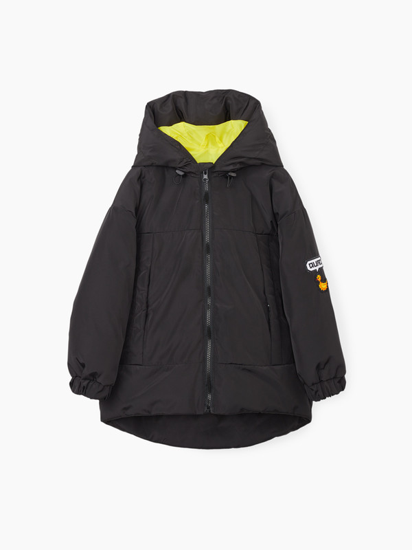 Куртка зимняя Happy Baby детская, с удлинённой спинкой и капюшоном, черная, 110-116