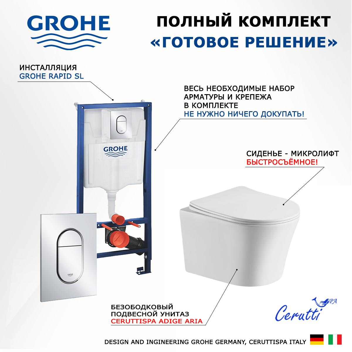 

Комплект инсталляция Grohe Solido + унитаз Cerutti Spa Adige Aria + кнопка хром