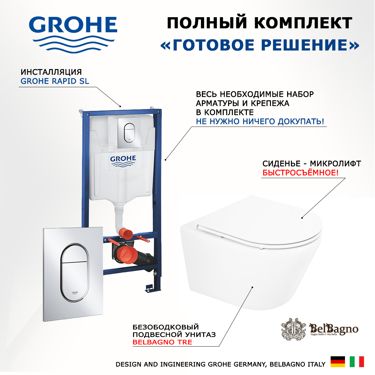 Комплект инсталляция Grohe Solido + Унитаз BelBagno Tre + кнопка хром 600013319081