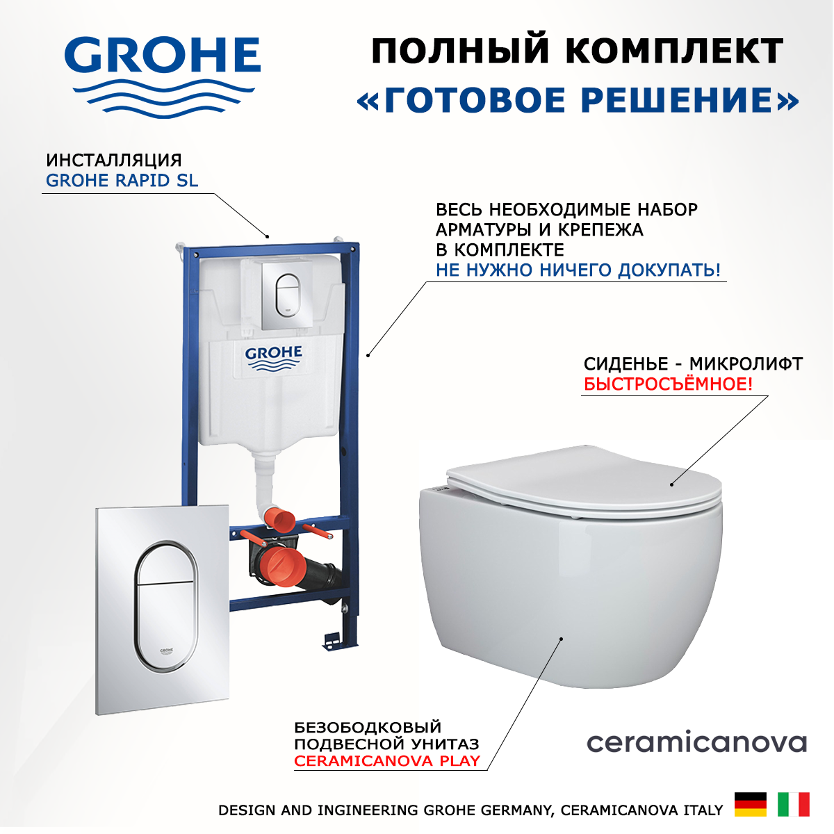 

Комплект инсталляция Grohe Solido + Унитаз Ceramica Nova Play CN3001 + кнопка хром