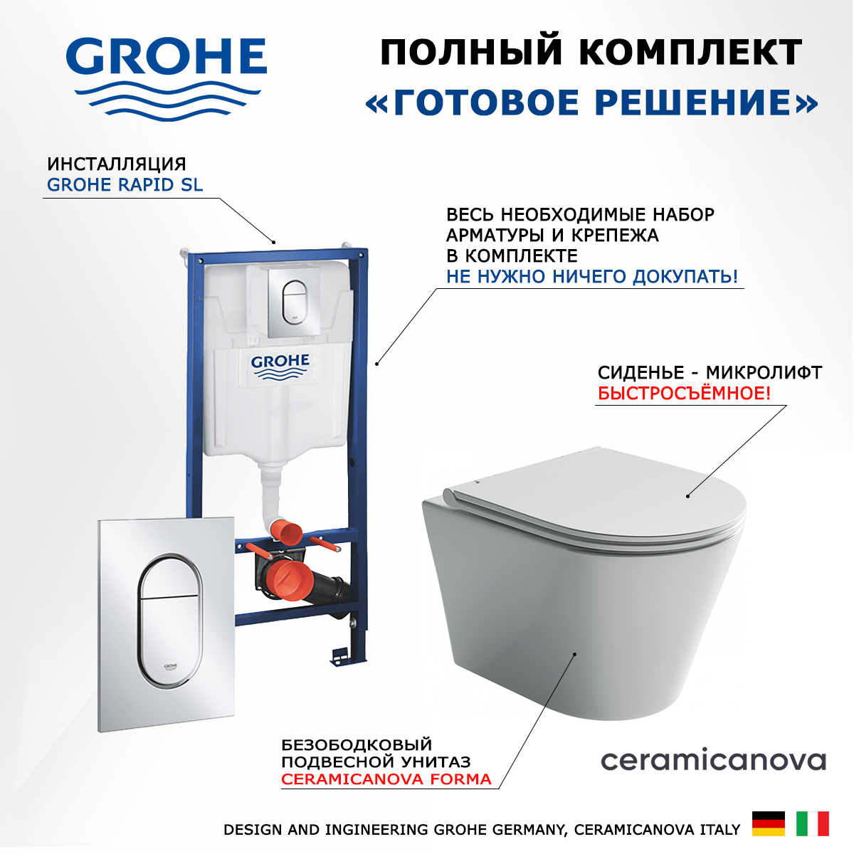 

Комплект инсталляция Grohe Solido + Унитаз Ceramica Nova Forma + кнопка хром