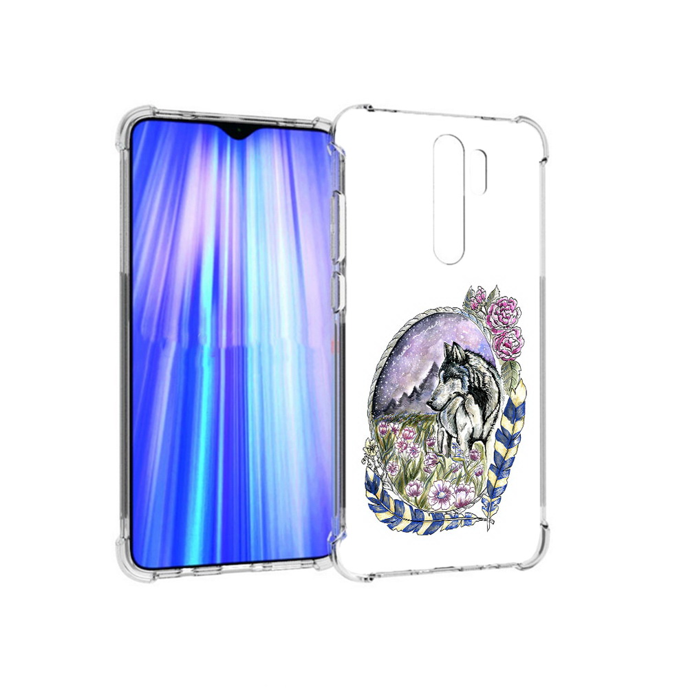 

Чехол MyPads Tocco для Xiaomi Redmi Note 8 Pro нарисованный волк в цветах с перьями, Прозрачный, Tocco
