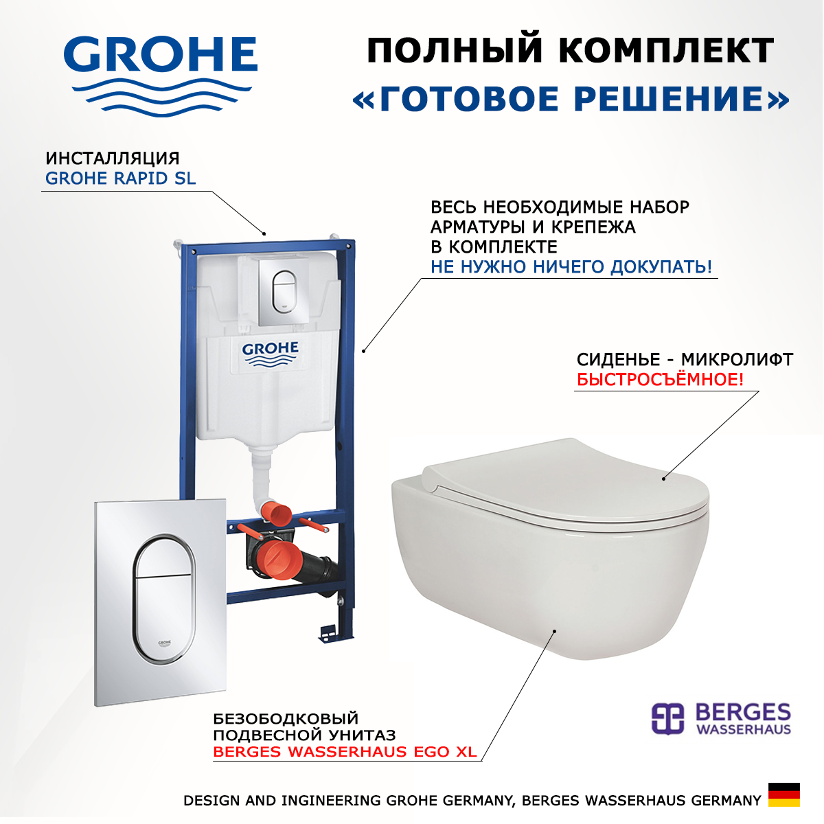 

Комплект инсталляция Grohe Solido + Унитаз Berges Wasserhaus Ego XL + кнопка хром