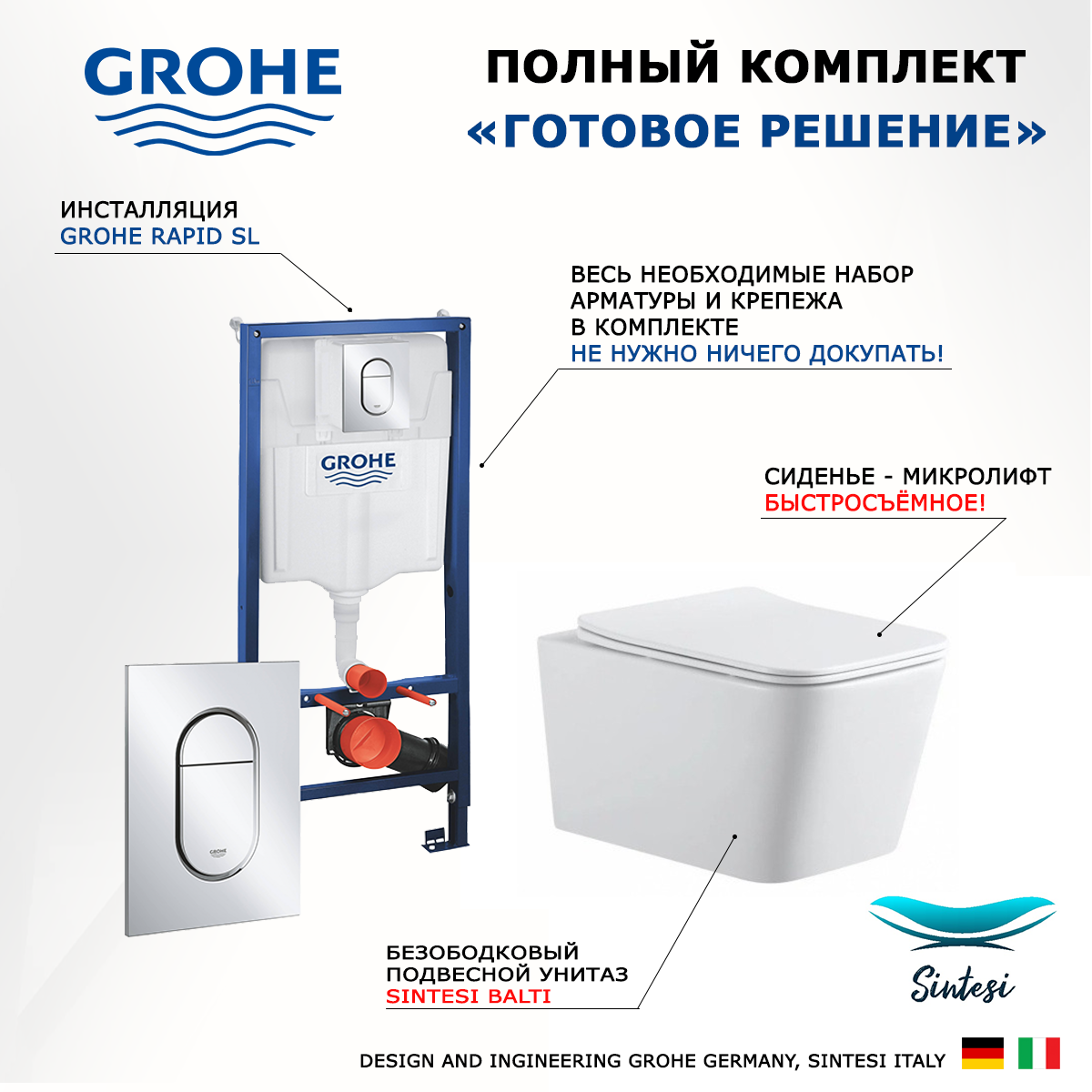 

Комплект инсталляция Grohe Solido + унитаз SinteSi BALTI + кнопка хром