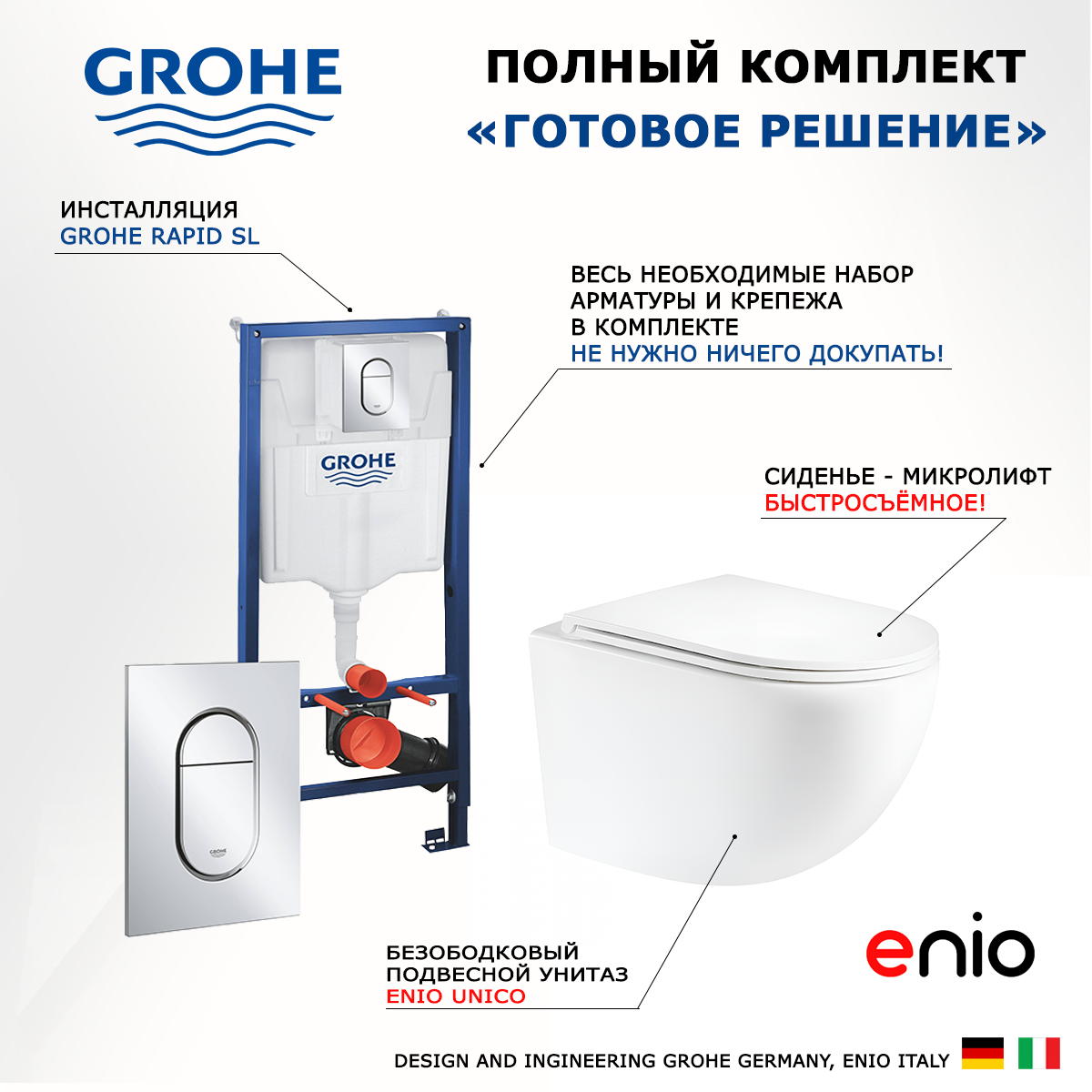 

Комплект 3 в 1 инсталляция Grohe Solido Унитаз подвесной Enio Unico кнопка хром