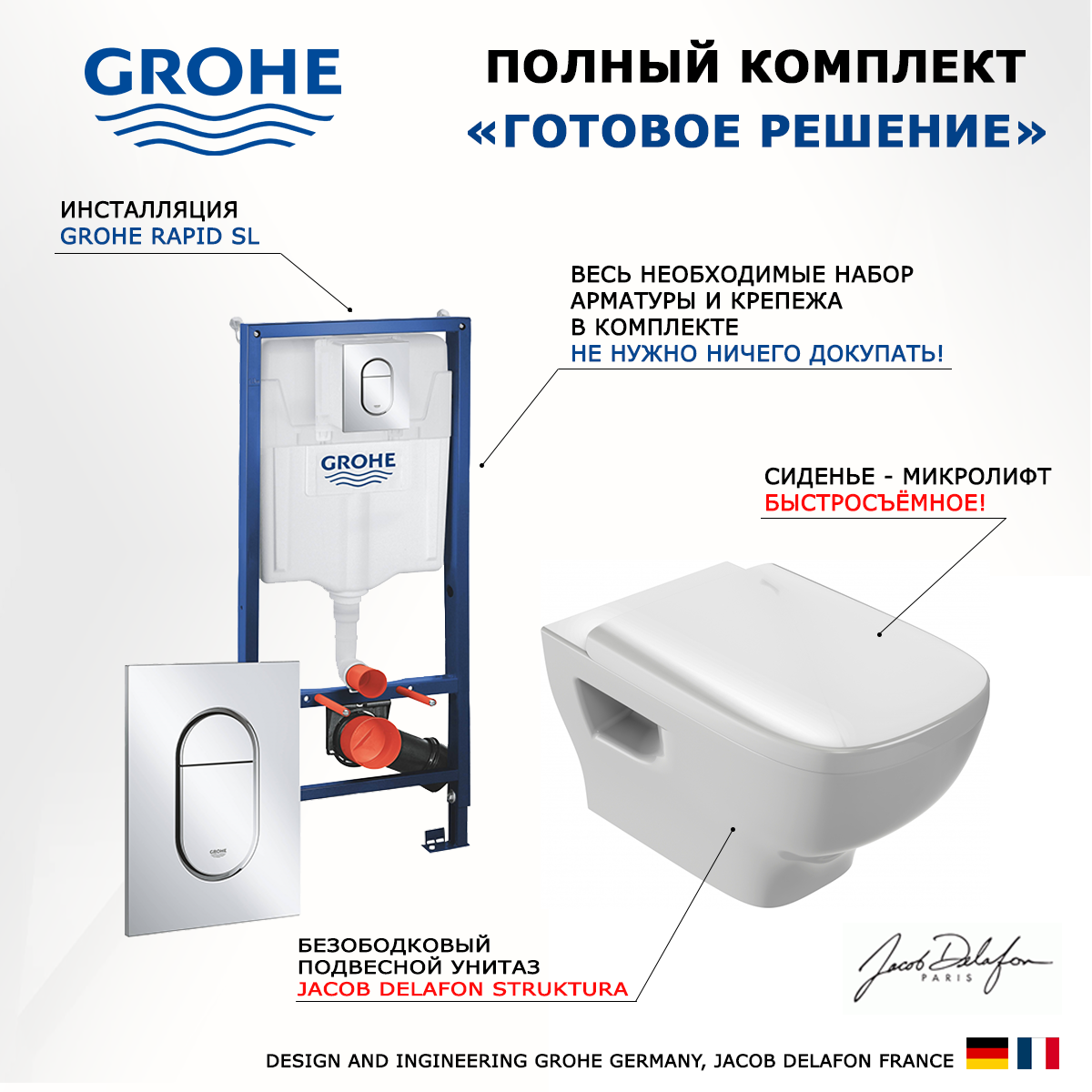 

Комплект инсталляция Grohe Solido + Унитаз Jacob Delafon Struktura + кнопка хром