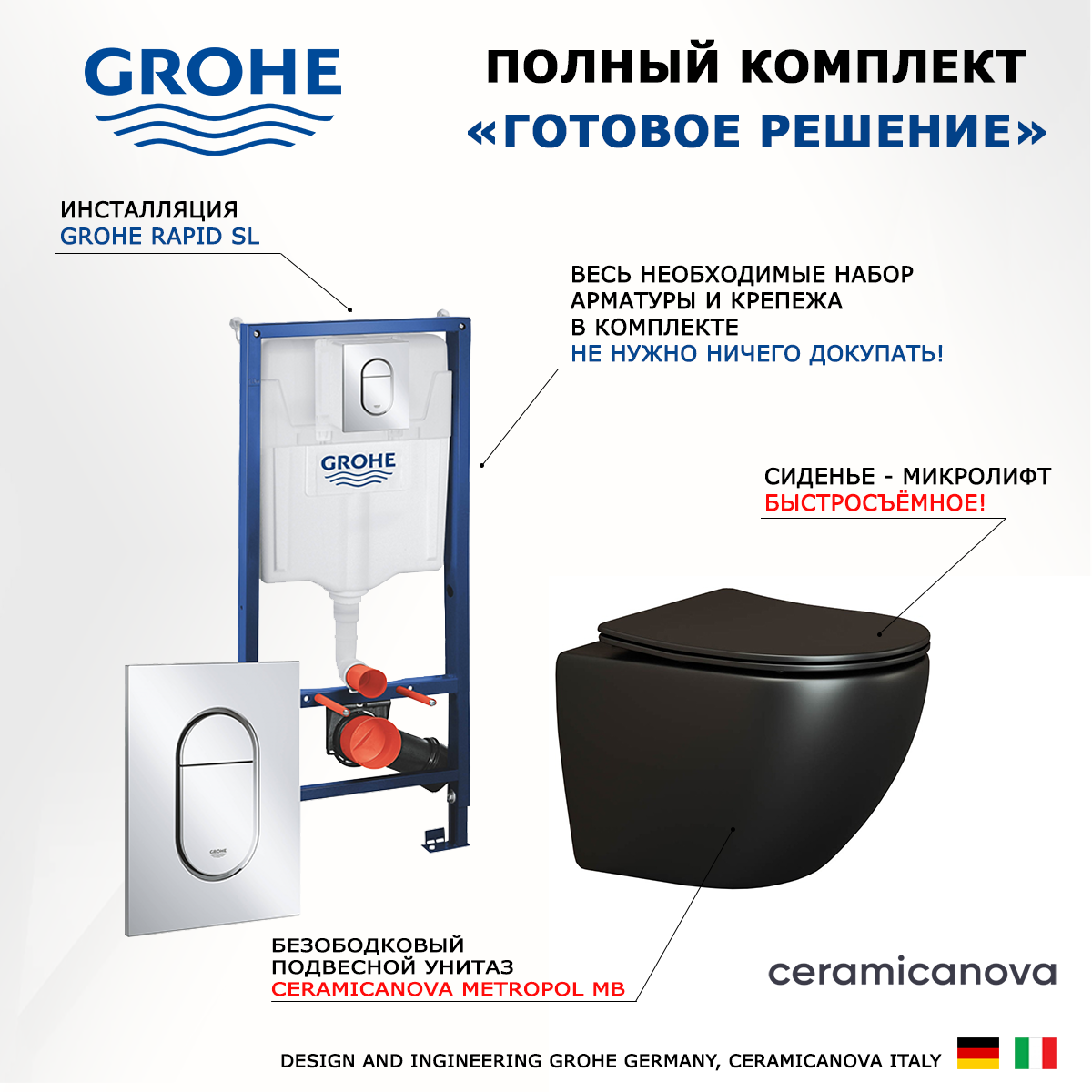 

Комплект инсталляция Grohe Solido + Унитаз Ceramica Nova Metropol + кнопка хром