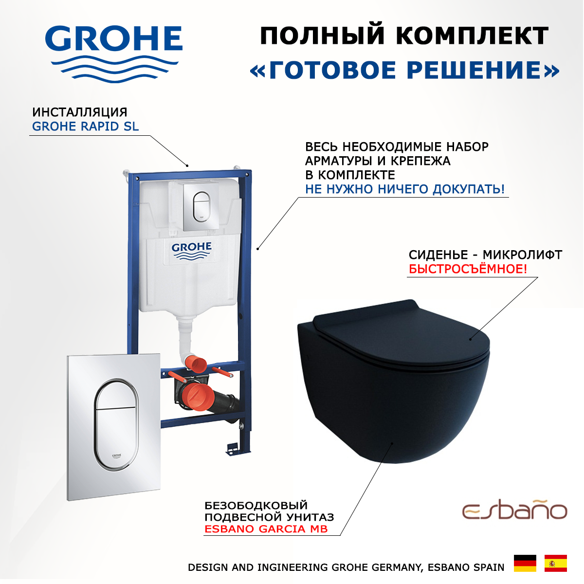 

Комплект инсталляция Grohe Solido + Унитаз Esbano Garcia + кнопка хром