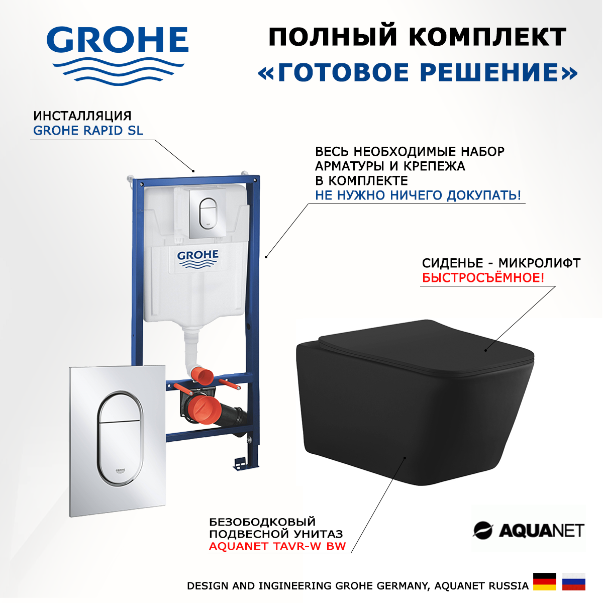 

Комплект инсталляция Grohe Solido + Унитаз Aquanet Tavr-W BW+ кнопка хром