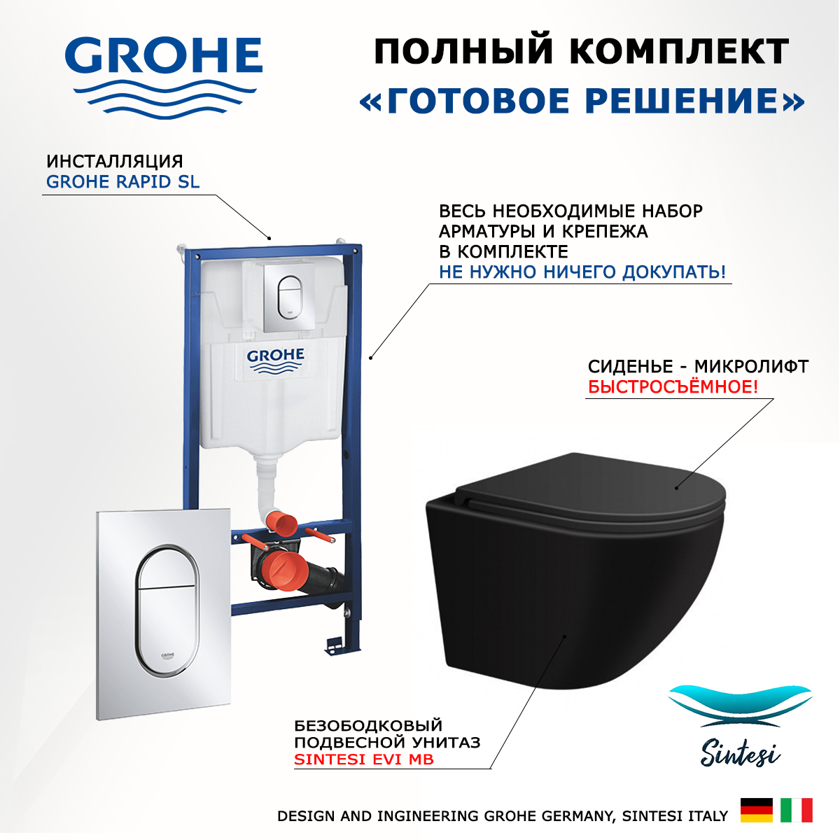 

Комплект инсталляция Grohe Solido + унитаз SinteSi EVI + кнопка хром