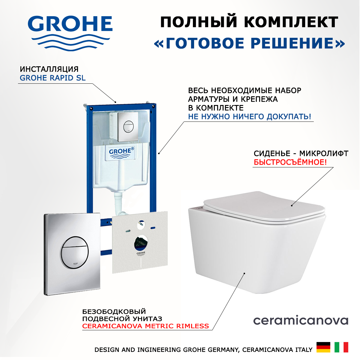 

Комплект инсталляция Grohe Rapid SL + Унитаз Ceramica Nova Metric + кнопка хром