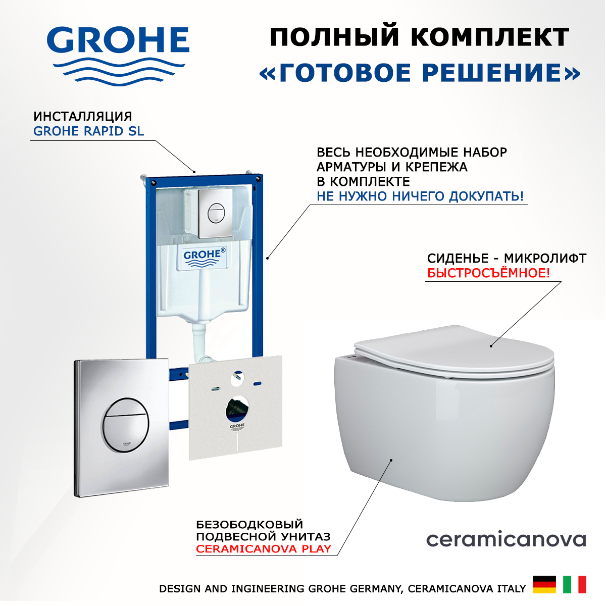 

Комплект инсталляция Grohe Rapid SL + Унитаз Ceramica Nova Play CN3001 + кнопка хром