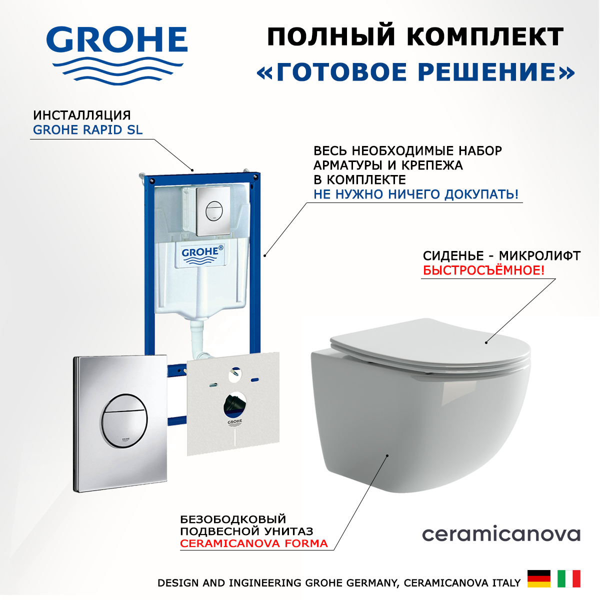 Комплект инсталляция Grohe Rapid SL + Унитаз Ceramica Nova Forma + кнопка хром