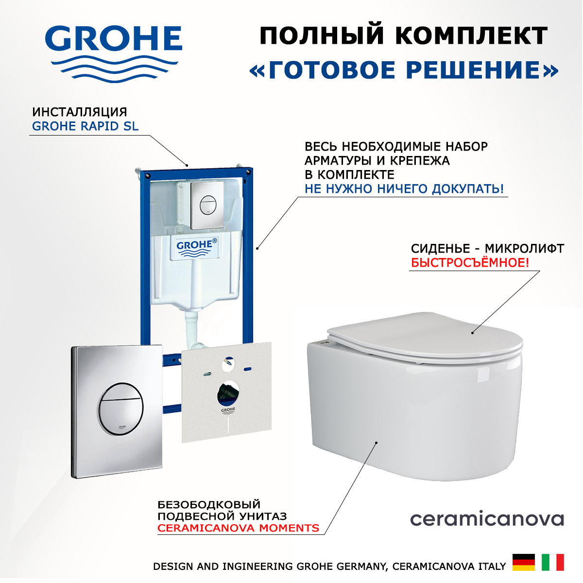 

Комплект инсталляция Grohe Rapid SL + Унитаз Ceramica Nova Moments + кнопка хром