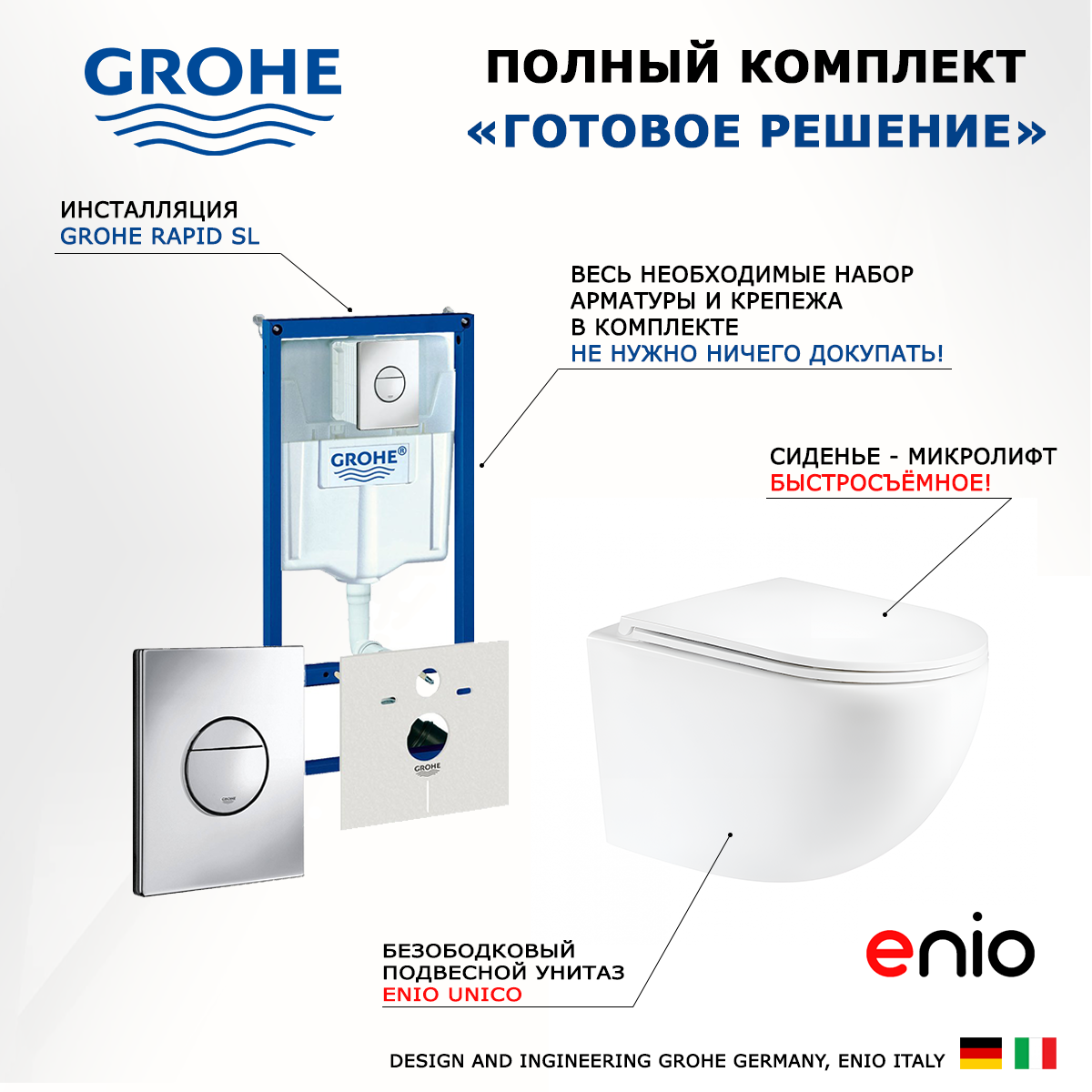 

Комплект инсталляция Grohe Rapid SL Унитаз Enio Unico кнопка хром круглая