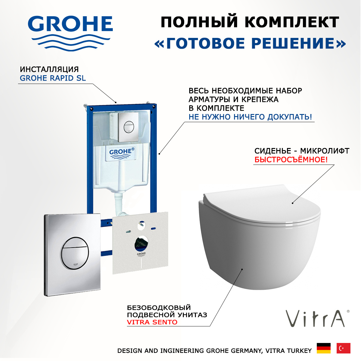 

Комплект инсталляция Grohe Rapid SL + Унитаз VitrA Sento + кнопка хром