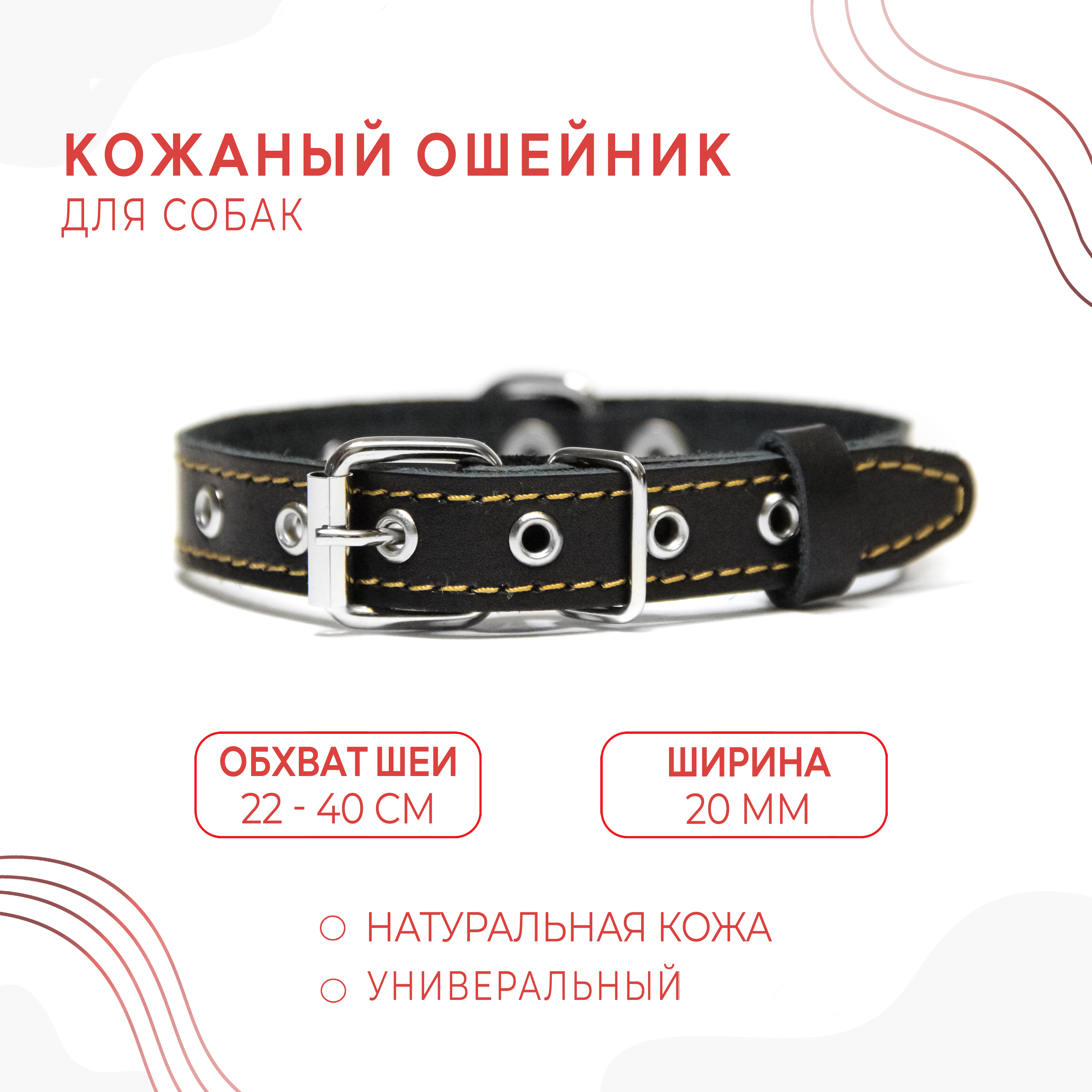 Ошейник для собак, черный, кожа, металл, обхват шеи 22-40 см