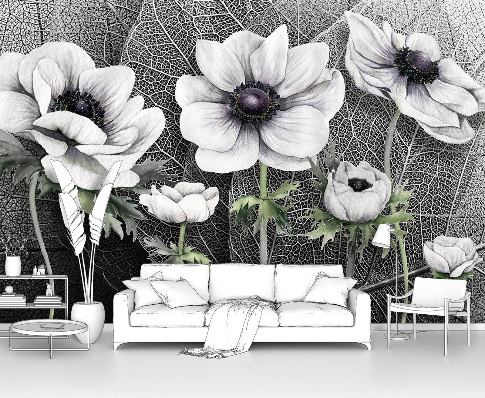 

Фотообои ПЕРВОЕ АТЕЛЬЕ "Крупные светлые маки на фоне огромных листьев" 300х205 см (ШхВ), Крупные светлые маки на фоне огромных листьев