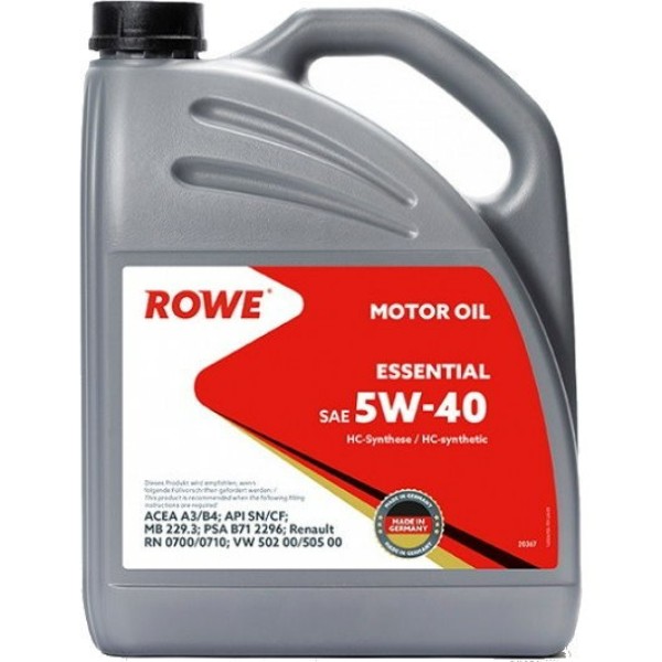 

Моторное масло ROWE синтетическое 5w40 Essential A3/B4,SN/CF 5л, 20367-595-2A
