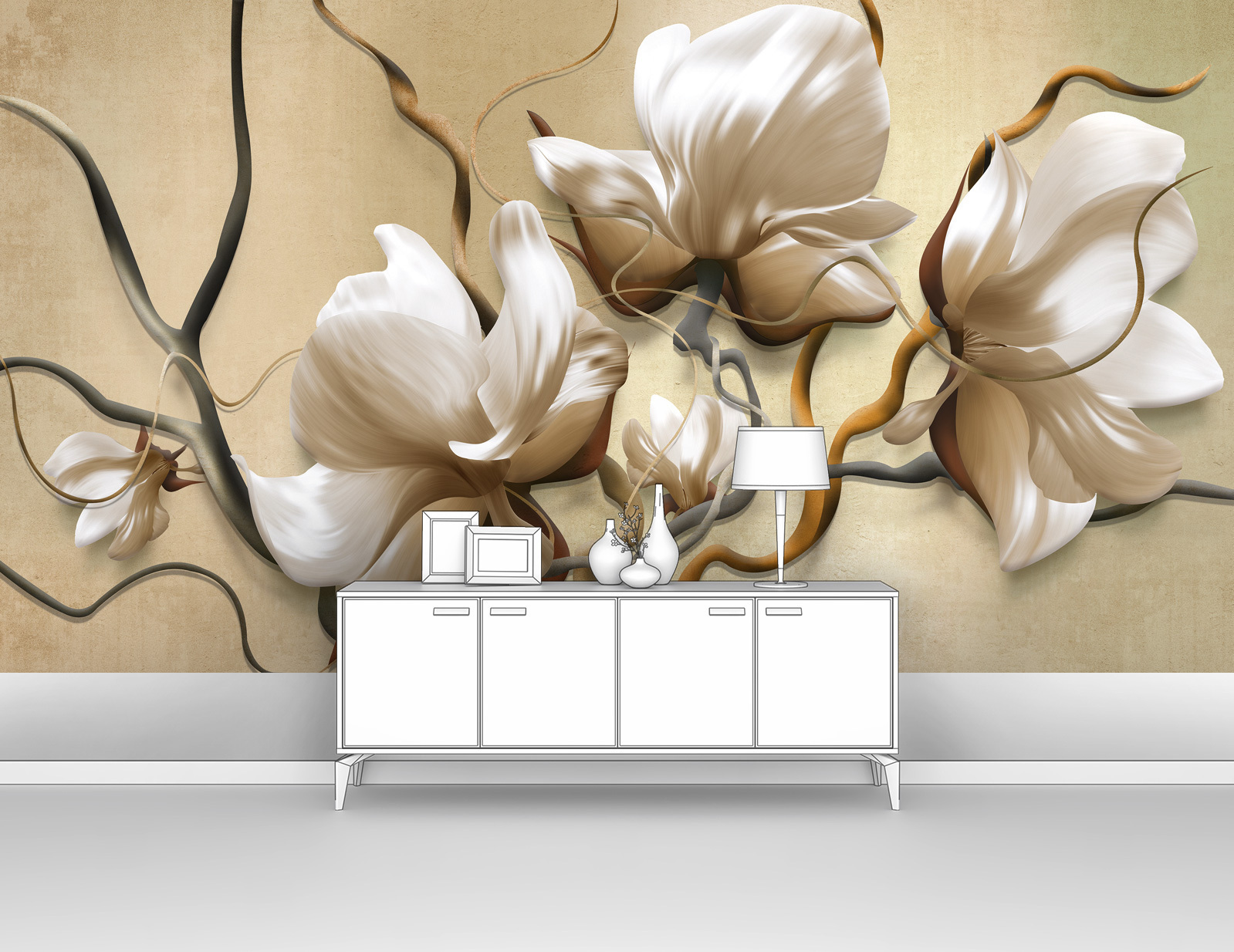 фото Фотообои первое ателье "объемная сакура с волнистыми стеблями" 300х165 см (шхв)