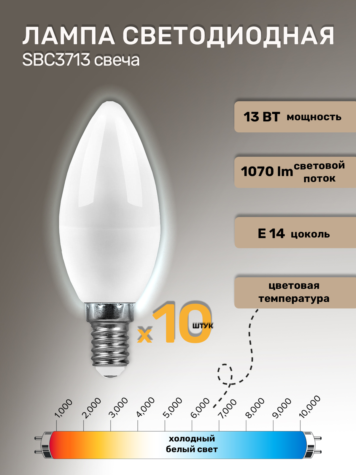 

Лампа светодиодная SAFFIT 55172 13W 6400K Е14 SBC3713 свеча, 55172
