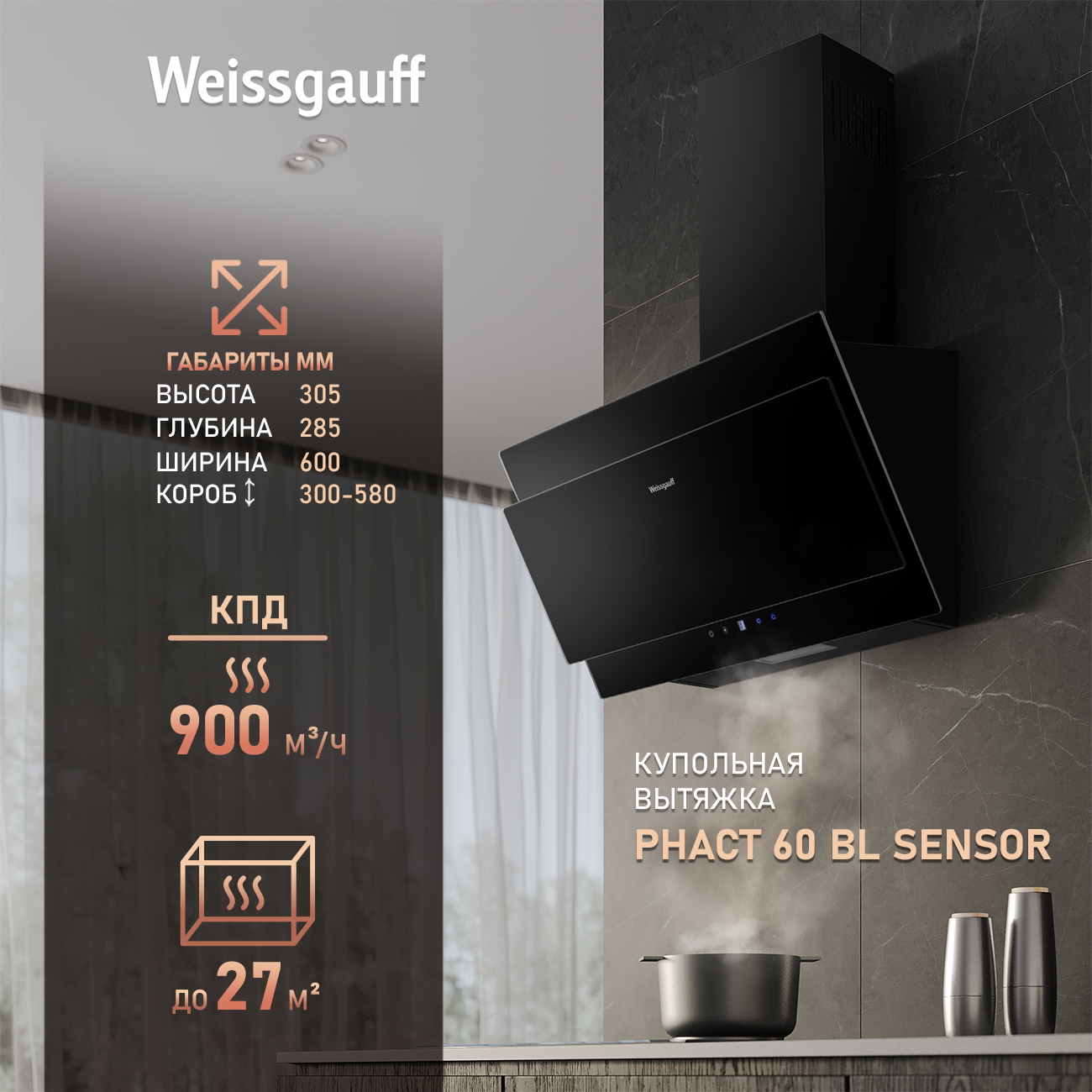 

Вытяжка настенная Weissgauff Phact 60 BL Sensor черный, Phact 60 WH Sensor