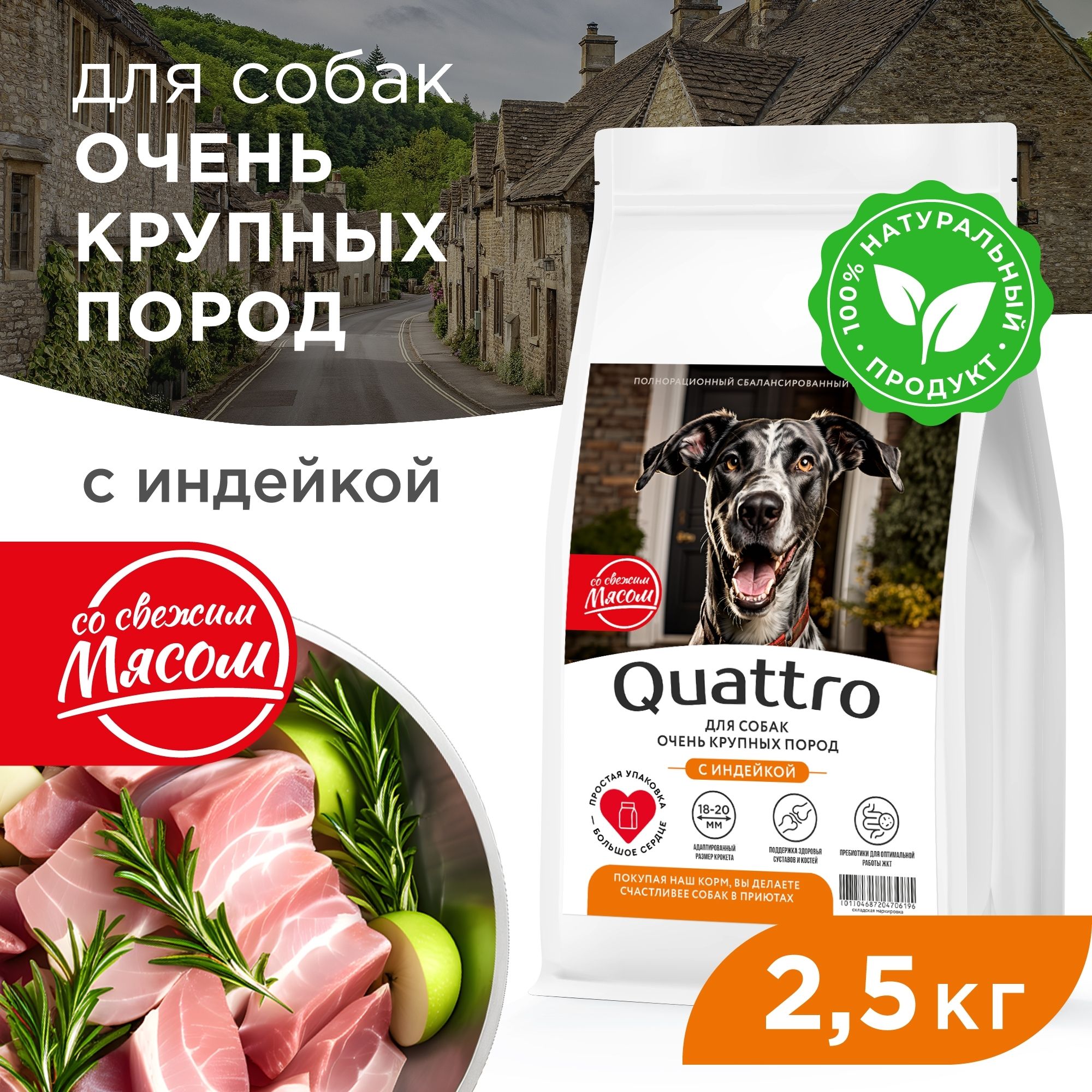 

Сухой корм для собак QUATTRO, для очень крупных пород, индейка, 2,5 кг