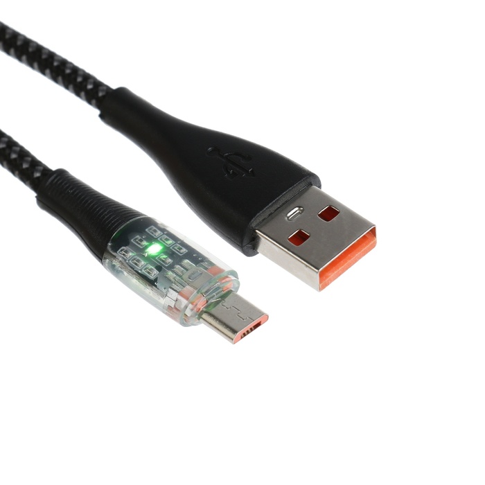 Кабель, 2 А, MicroUSB - USB, прозрачный, оплётка нейлон, 1 м, синий