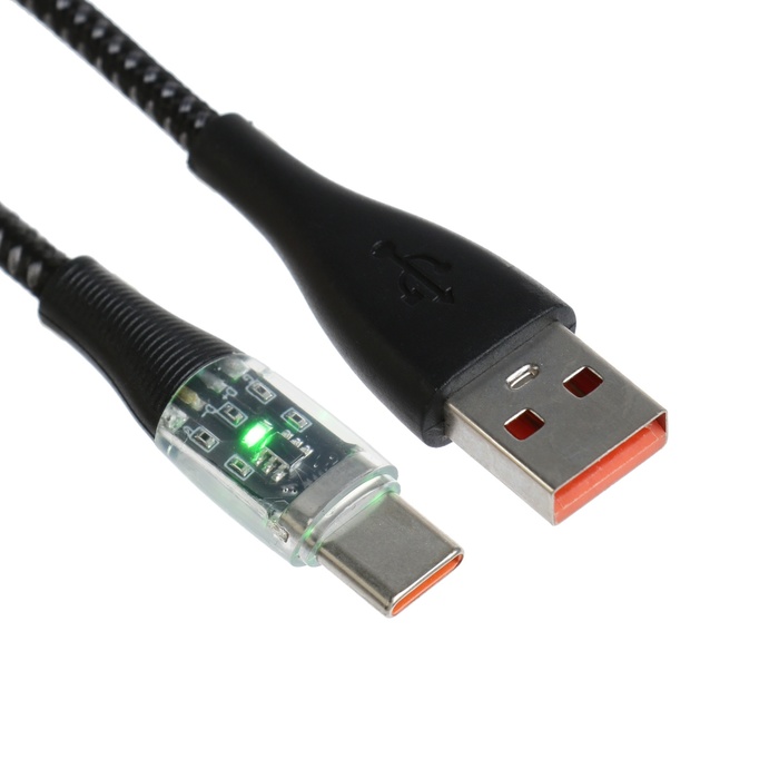 Кабель, 3 А, Type-C - USB, прозрачный, оплётка нейлон, 1 м, синий