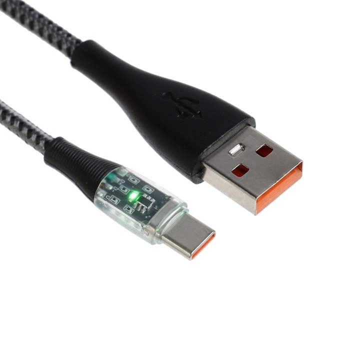 Кабель, 3 А, Type-C - USB, прозрачный, оплётка нейлон, 1 м, зелёный