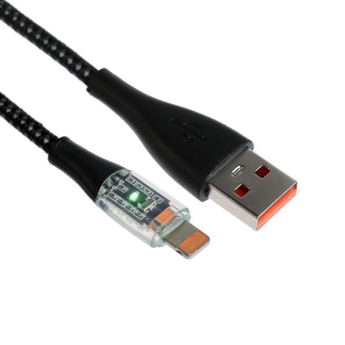 Кабель, 2 А, Lightning - USB, прозрачный, оплётка нейлон, 1 м, синий